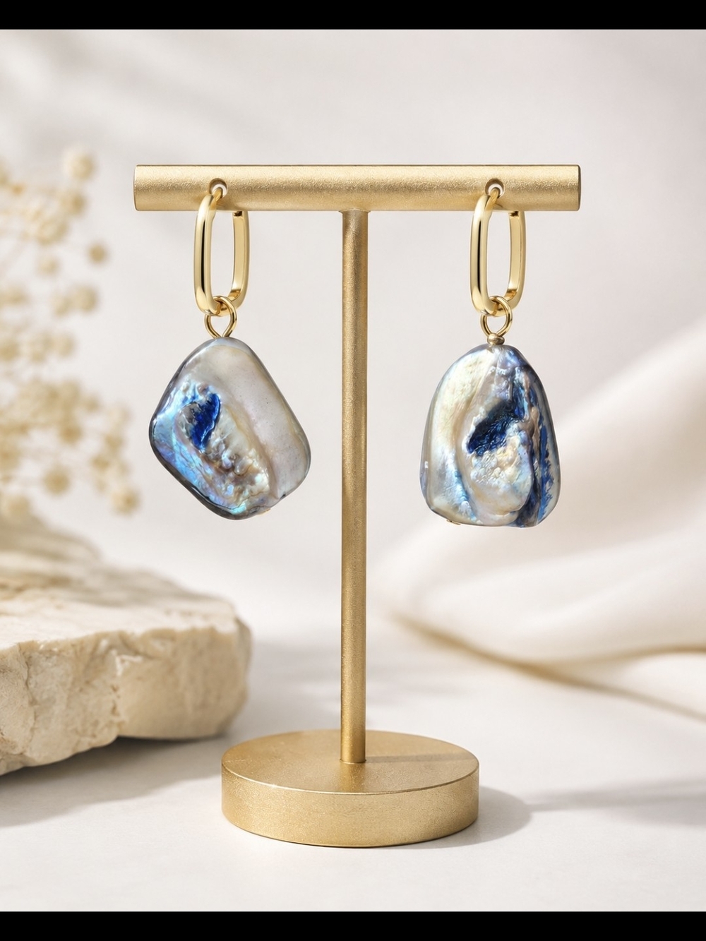 18k Gold Plated Hoop Earrings with Blue Mother Of Pearl Chunkie Drop . New Item